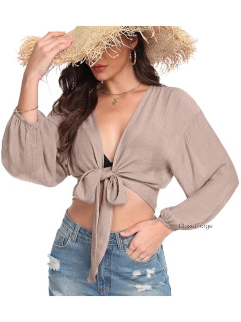 Tie Front Swim Cover Up Long Sleeve Cropped Beach Cardigan